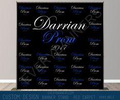 a black backdrop with blue and white lettering that says, darrian prom 2017 on it