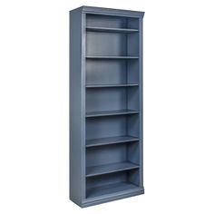 an empty blue bookcase on a white background