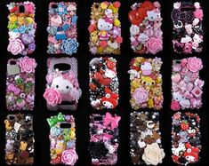 many different cell phones with hello kitty and other things on them, all covered in flowers