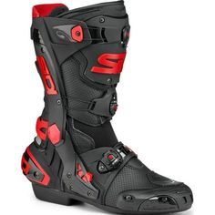 a pair of black and red motorcycle boots