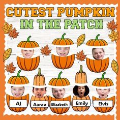 an orange poster with pictures of pumpkins in the middle and words cut out on it