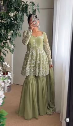 Long Sleeve Pista Green Georgette Palazzo Set, Floor-length Pista Green Georgette Palazzo Set, Pista Green Palazzo Set With Dabka Work In Georgette, Floor-length Georgette Sharara With Chikankari Embroidery, Floor-length Chikankari Embroidery Sharara In Georgette, Fitted Pista Green Georgette Palazzo Set, Sharara With Sheer Dupatta And Long Sleeves, Pista Green Georgette Palazzo Set For Wedding, Semi-stitched Georgette Sharara With Chikankari Embroidery