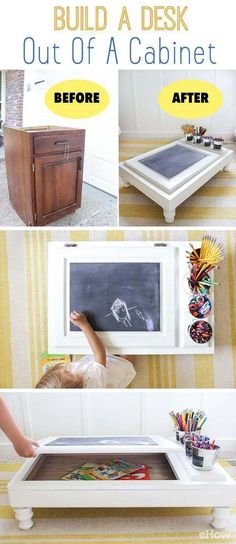 an old coffee table turned into a desk with chalkboard on the top and bottom