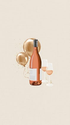 a bottle of wine and some glasses on a beige background with gold confetti