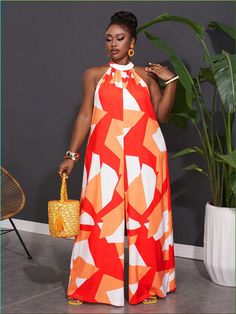 Plus Size Sleeveless Geometric Print Wide Leg Jumpsuit For Vacation And Leisure Orange Casual  Sleeveless Woven Fabric Colorblock,Geometric,All Over Print Other Slight Stretch  Women Plus Clothing, size features are:Bust: ,Length: ,Sleeve Length: