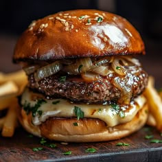 a hamburger with cheese and onions on a wooden cutting board next to french fries,