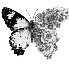 a black and white drawing of a butterfly with flowers on it's wings art print