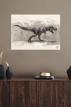 a painting of a t - rex running on the ground in front of a wall