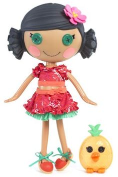 a doll is standing next to a pineapple and an orange toy on a white background