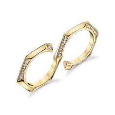 18K Gold Diamond Hex "S" Double Finger Ring .54 cts diamonds Two Finger Ring Diamond Unique, Double Ring Designs, Wedding Ring Sets For Women, 2 Finger Ring, Wedding Rings Women, Ring Sets For Women, Women Wedding Rings, Two Finger Ring, Convertible Earrings