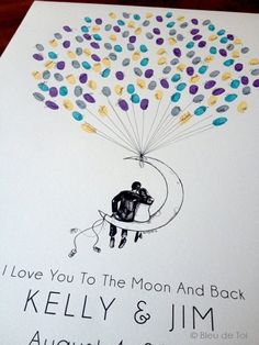 a wedding card with an image of a man holding a kite and the words i love you to the moon and back