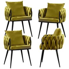 four yellow chairs with black legs and pillows on each chair are shown in three different positions