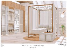 an artistic rendering of a bedroom with white furniture and lights hanging from the ceiling,