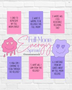 the full moon energy spread on a white brick wall with pink, purple and blue colors