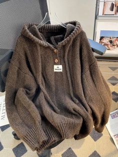 Korean Loose Solid Hooded Sweater Women Casual Knitted Buttons Soft Pullover Sweaters Female Autumn Knitted Tops, Winter Trends, Knit Tops, Winter Tops, Winter Mode, Pattern Sweater, Knit Sweatshirt, Casual Fall Outfits