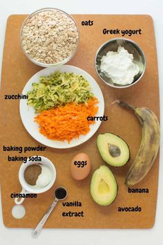 the ingredients to make an avocado smoothie are displayed on a cutting board