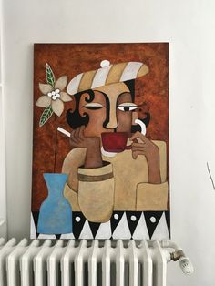 a painting on the wall above a radiator with a woman holding a cup