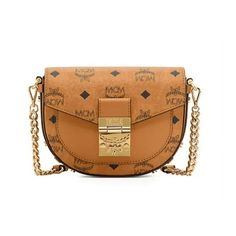 MCM Women's Patricia Visetos Crossbody Mini Bag, Cognac, Tan, Print, One Size Color: Brown.  Gender: female.  Age Group: adult. Round Crossbody Bag, Signature Canvas, Mini Crossbody Bag, Mini Crossbody, Nappa Leather, Cloth Bags, Handbag Accessories, Chain Strap, Belt Bag