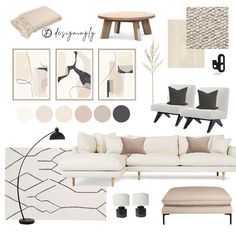 a living room with white furniture and neutrals on the walls, rugs, pillows, lamps, tables