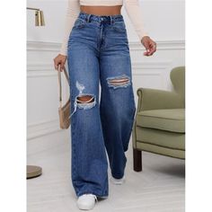 Classic Comfort Wide Leg Jeans Medium Wash: Elevate Your Style With These High-Waisted, Extra-Long Denim Wonders. The Loose Fit, Ripped Details, And Zipper Fly Add A Touch Of Edge. Machine Washable For Easy Care. Baggy Chic Denim Delight Light Wash: Embrace Casual Vibes In These High-Waisted, Extra-Long Baggy Jeans. The Plain Pattern, Button Details, And Non-Stretch Fabric Create A Laid-Back Look. Easy Care With A Machine Wash, Perfect For Everyday Wear. Wide Leg Straight Jeans, Ripped Wide Leg Jeans, Wide Legged Jeans, Denim Chic, Jeans For Short Women, Pinterest Closet, Casual Friday, Satin Blouse, Baggy Jeans