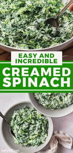 two bowls filled with creamed spinach on top of a table