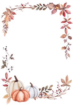 watercolor pumpkins and leaves are arranged in the shape of a frame