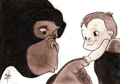 a drawing of a child being held up by an angry looking gorilla head with his arm wrapped around him