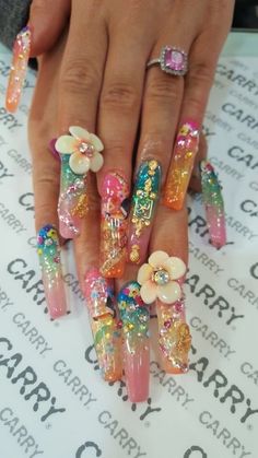 Summer Gyaru Nails, Long Gyaru Nails, Gal Nails Ideas, Tropical Core Nails, Gyaru Nails Charms, Gyaru Nails Long, Decoden Nails, Tia Corine, Tropical Core Aesthetic