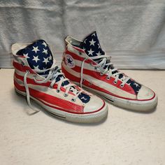 Converse Made In Usa American Flag Chuck Taylor All Stars, Men's Size 11. I Bought These In The Mid 1990's And They Have Only Been Worn About 5 Times When I First Got Them. They Are The Original Made In The U.S.A. And Have Been Stored Away For The Past 30 Years. I Have Not Cleaned These Other Than Dusting Off With A Dry Microfiber Cloth. Original Shoe Strings. I Have Not Found Any Others For Sale In As Good Condition As These! Converse Red, America Flag, Vintage Usa, Chuck Taylor Sneakers, Microfiber Cloth, Converse Shoes, Chuck Taylor, Converse Sneaker, American Flag