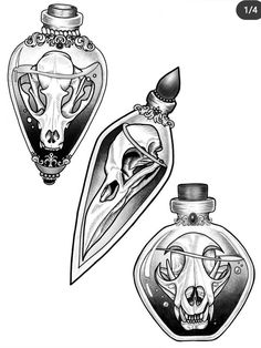 an ink drawing of two bottles with skulls on the front and one in the back