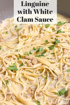 linguine with white clam sauce in a skillet, topped with parsley