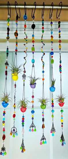 a bunch of beads hanging from a window sill with air plants in them on hooks