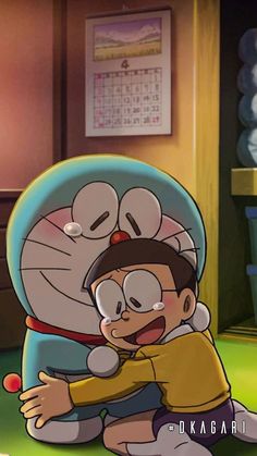 an animated character hugging another character on the ground in front of a table with other characters