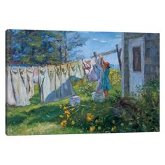 a painting of clothes hanging out to dry on a line with flowers in the foreground