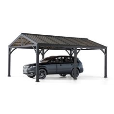 a car is parked under a metal structure with a roof on it's side