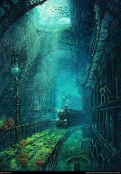 an underwater scene with a train going through the tunnel and fish swimming in the water