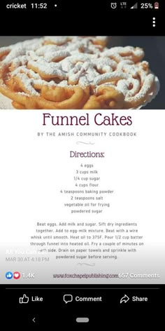 a menu for funnel cakes is shown on an iphone screen with the caption'directions