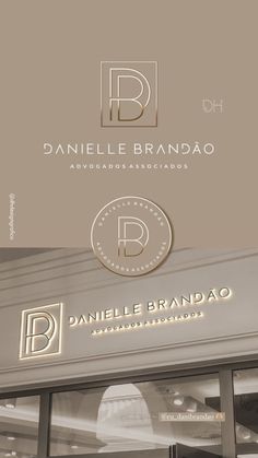 the logo for danielle brandao is shown in gold and silver on a beige background