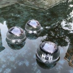 three shiny round objects sitting on top of a puddle