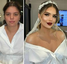 two women in bridal gowns, one wearing a veil and the other with makeup