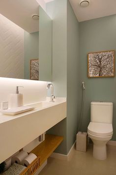 a white toilet sitting next to a bathroom sink under a mirror on top of a wall