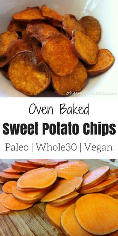 oven baked sweet potato chips in a white bowl on a wooden table with text overlay