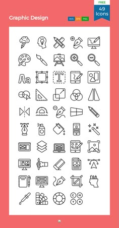 the line icons for graphic design are shown in black and white on a pink background