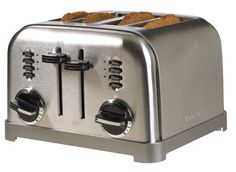 a silver toaster with two slices of bread on the top and one slice missing