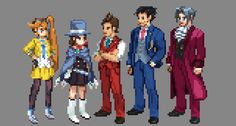 an image of some people in pixel art style outfits and hats, all standing side by side