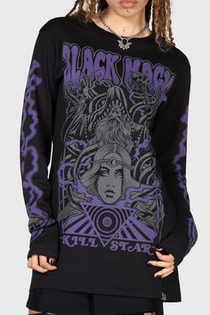 BLAC MAGICK.- Soft, stretch cotton.- Statement, custom graphics on front and sleeves.- Long sleeves.- Crew neckline.- Relaxed.With KILLSTAR branding, Fabric 1: 100% Cotton Neck trim: 93% Viscose 7% Elastane.Machine wash cold (30°c) / Do not bleach / Do not tumble dry / Iron at low temperature / Do not dry clean. Import Fall Long Sleeve T-shirt With Front Print, Punk Long Sleeve T-shirt With Letter Print, Punk Style Long Sleeve T-shirt With Letter Print, Cotton Long Sleeve T-shirt With Front Print, Edgy Long Sleeve T-shirt With Screen Print, Punk Style Stretch Graphic Print Tops, Fitted Punk Tops With Graphic Design, Stretch Graphic Print Punk Tops, Fitted Band Merch Tops With Front Print