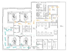 an office floor plan with arrows pointing to different areas in the room and on the wall