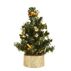 a small christmas tree in a pot with gold decorations on the top and green leaves