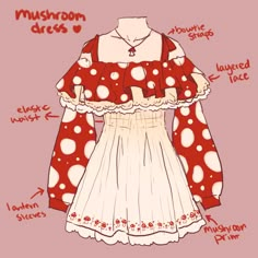 Mushroom Dress Design Mushroom Outfit, Fair Outfits, Style Kawaii, Clothing Design Sketches, Drawing Anime Clothes, Dress Design Sketches, Couture Mode, Whimsical Fashion, Fashion Design Drawings