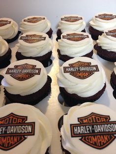 many cupcakes with harley davidson logos on them